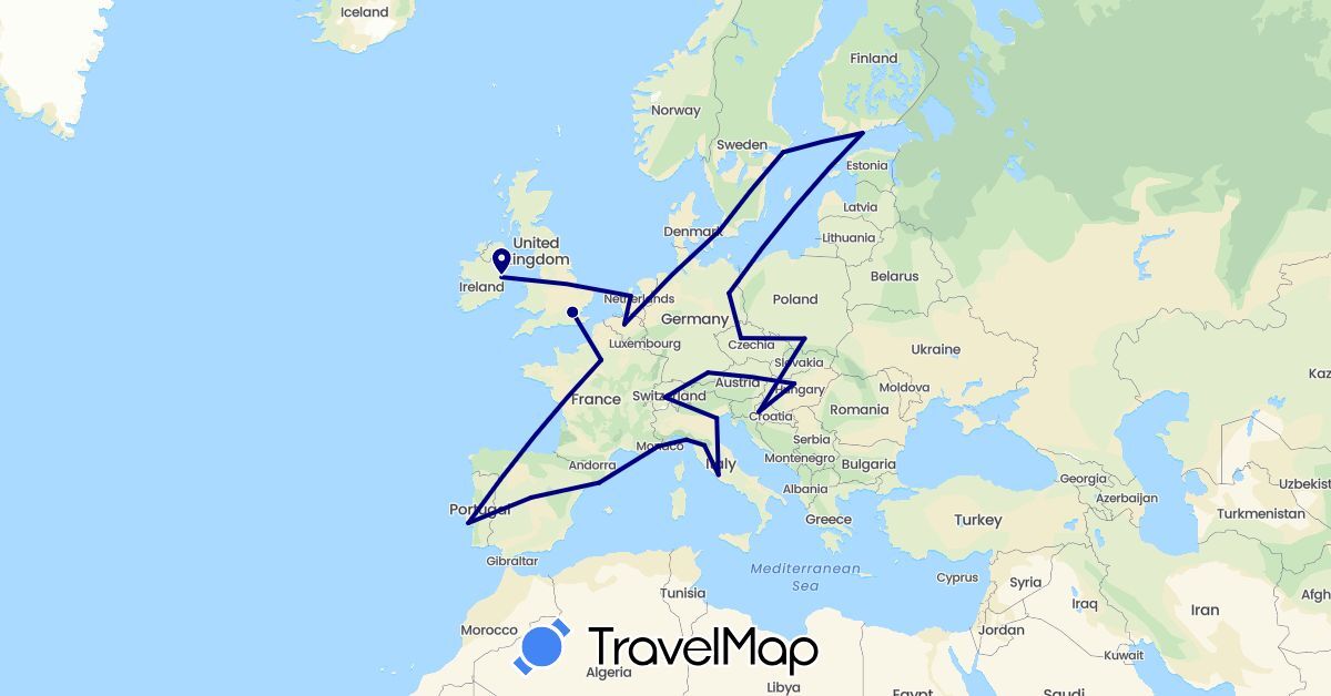 TravelMap itinerary: driving in Belgium, Switzerland, Czech Republic, Germany, Denmark, Spain, Finland, France, United Kingdom, Croatia, Hungary, Ireland, Italy, Netherlands, Poland, Portugal, Sweden (Europe)